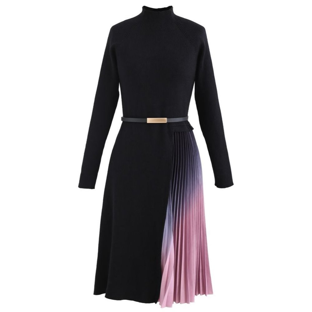 NWT GRADIENT PLEATED SPLICING BELTED KNIT DRESS IN BLACK - Picture 10 of 12